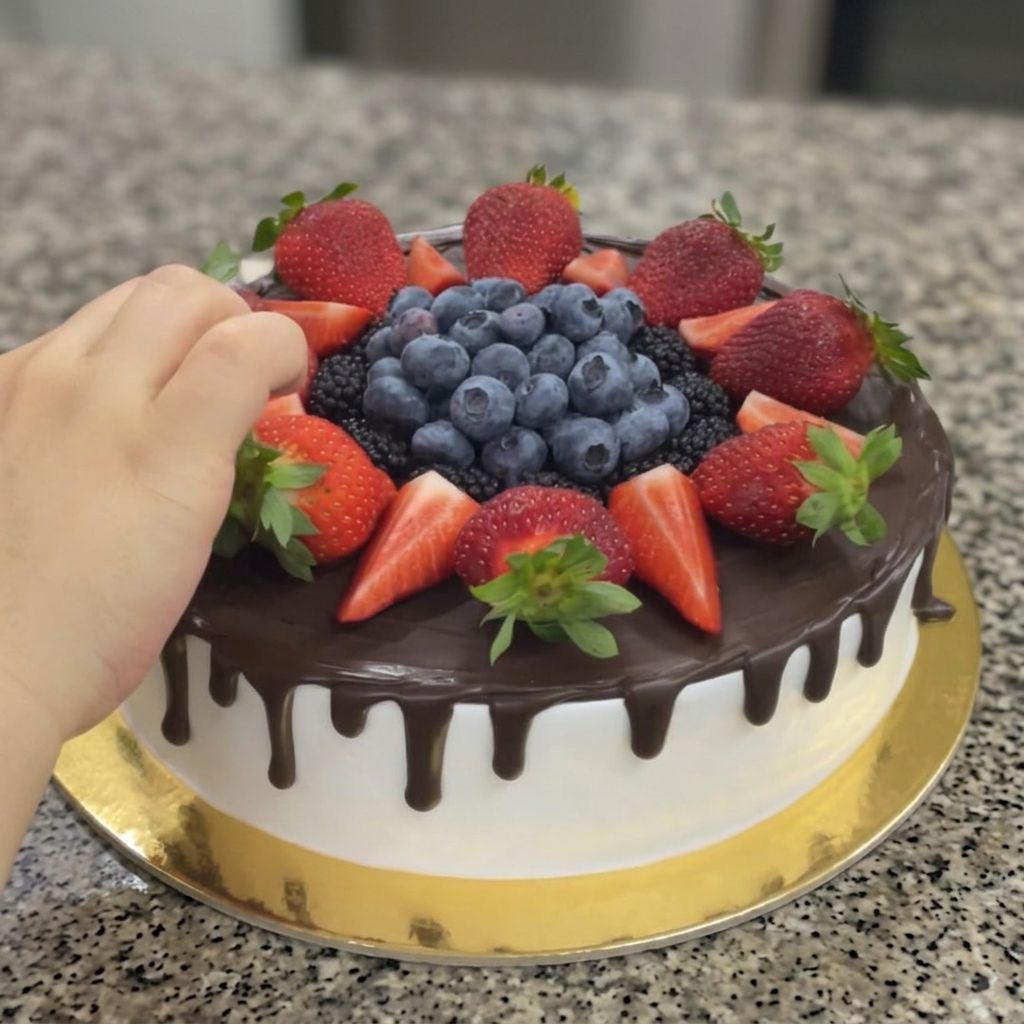 Bolo de chocolate com cobertura brilhante e frutos vermelhos frescos a ser finalizado na fábrica dos Bolos da Marta em Gondomar