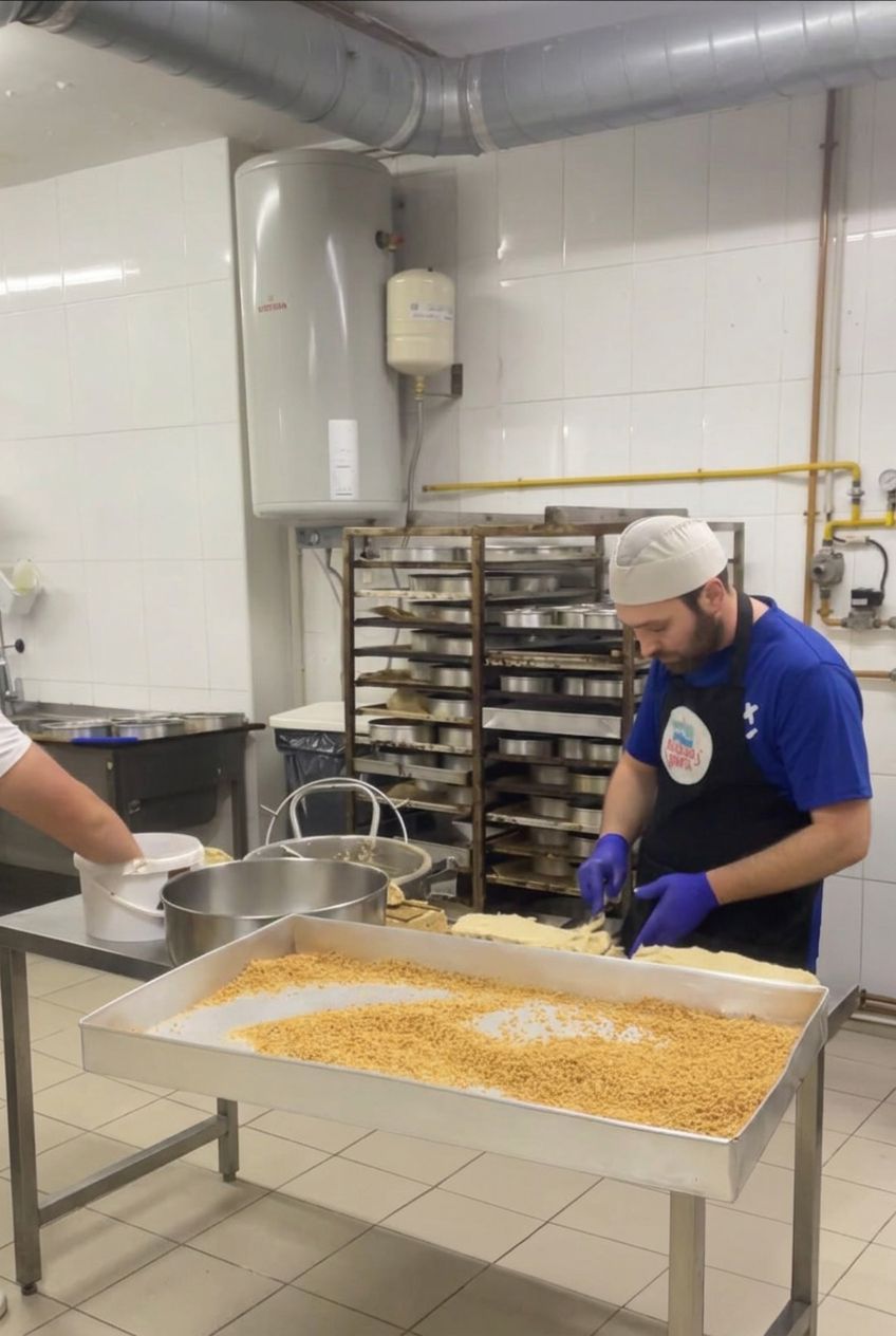 Pasteleiro a preparar tabuleiros de bolo na bancada de produção da fábrica dos Bolos da Marta